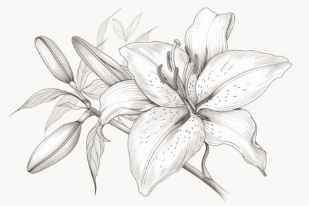 Outline vector illustration of a white lily isolated on white background, minimalist styleの素材