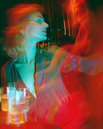 Vibrant 1980s fashion magazine photo juxtaposed with a dynamic jazz bar hologram against a clean white backdrop, featuring motion blur for a retro vibeの素材