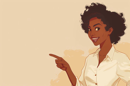 Minimalist illustration of a cheerful young black woman smiling and pointing to the right, ideal for modern graphic projects, Smiling Young Black Woman Minimalism Pointing Rightの素材