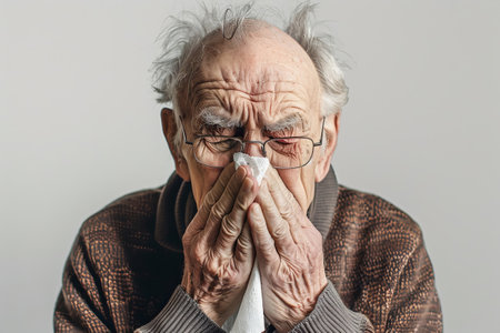 An elderly man captured in the act of sneezing, depicting a natural moment of discomfort or illnessの素材