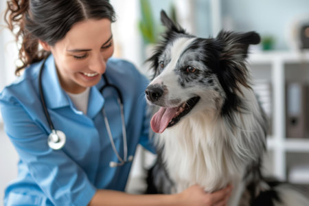 A heartwarming scene at the vet clinic where a friendly vet is seen smiling while gently petting a happy dog during a check-upの素材