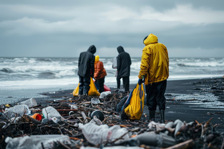 Dedicated volunteers working together to clean up litter along the coastline, contributing to environmental conservation effortsの素材