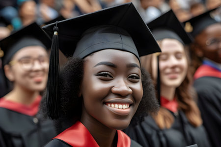 A joyful group of diverse graduates celebrating their success at the university graduation ceremonyの素材