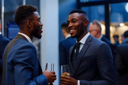 A group of professionals engaged in conversations and networking during a business conference.の素材