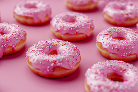 Vibrant assortment of delicious donuts displayed against a bright backdrop, tempting and mouthwatering.の素材