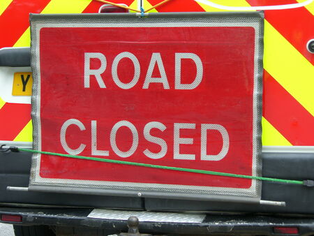 Road Closed sign on back of a uk vanの写真素材