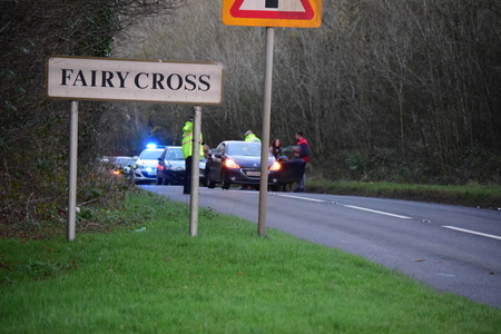 THE A39 is partially blocked after a two-car crash left oil and debris strewn across the road.  Police were called to the scene shortly after 3.30pm after receiving reports of a crash between a Peugeot 208 and Peugeot 106 near Fairy Cross.  PCSO Hannah Deのeditorial素材