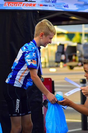 Getting medals after a cycling race in Barnstaple, Devon 2014のeditorial素材