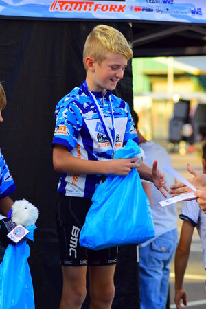 Getting medals after a cycling race in Barnstaple, Devon 2014のeditorial素材