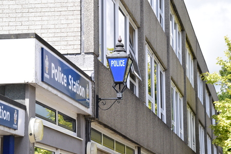 Barnstaple police station after armed robbery took place on 28th May 2015 at coopers in the high streetのeditorial素材