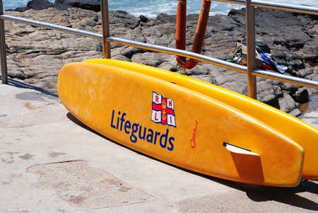 RNLI Lifeguards on duty at Budeのeditorial素材