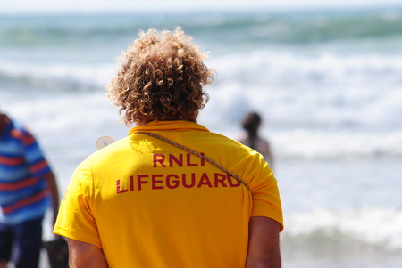 RNLI Lifeguards on duty at Budeのeditorial素材