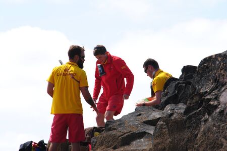 RNLI Lifeguards on duty at Budeのeditorial素材