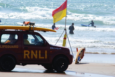 RNLI Lifeguards on duty at Budeのeditorial素材