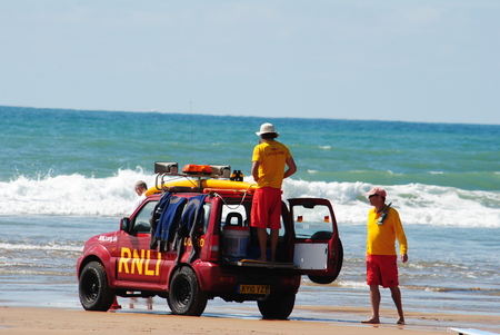 RNLI Lifeguards on duty at Budeのeditorial素材