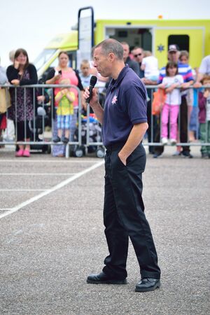 Fireman talking about fire safetyのeditorial素材