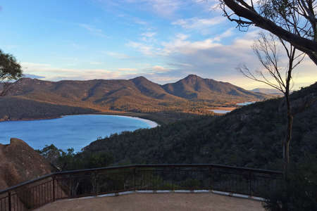 A view towards Wineglass Bay, Tasmania, Australia from a lookout before sunset.の写真素材
