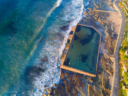 Aerial view of Cronulla beach rock pool in the morningの写真素材