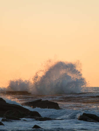 Splash of wave hitting rocks in golden hour light.の写真素材