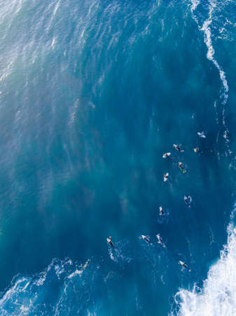Aerial view of group of surfers waiting for wave to come.