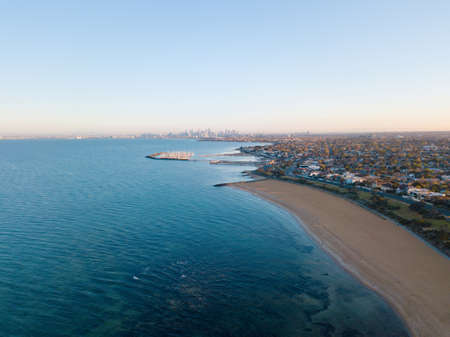 Aerial view of Brighton Beach with clear blue sky in the morning.の写真素材