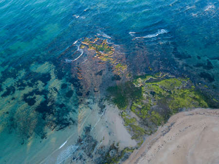 Aerial top down view of moss and rocks in the coastline.