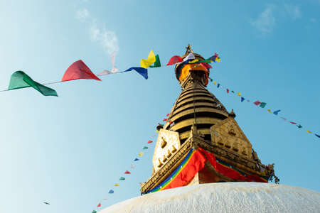 Kathmandu, Nepal - December 6, 2018: Close-up view at the Stupa of Swayambhunath monkey temple.のeditorial素材