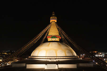 Kathmandu, Nepal - December 7, 2018: Boudhanath Stupa night time view.のeditorial素材
