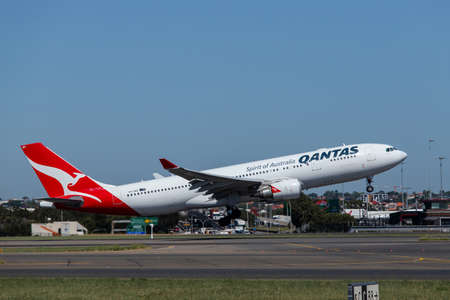 Sydney, Australia - February 12, 2019: Qantas Airbus A330 takes off at Kingsford Smith Sydney...