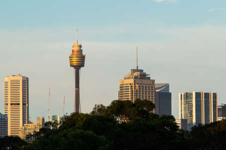 Sydney, Australia - March 5, 2019: Sydney tower and citigroup building with sunny sky.