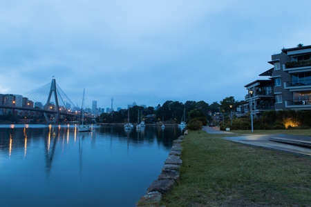 Sydney, Australia - March 9, 2019: Anzac bridge and houses on the side of Blackwattle Bay.のeditorial素材