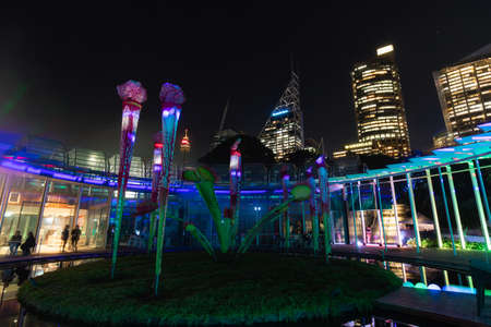 Sydney, Australia - April 12, 2019: Sydney CBD skyline view from inside The Calyx at night.のeditorial素材