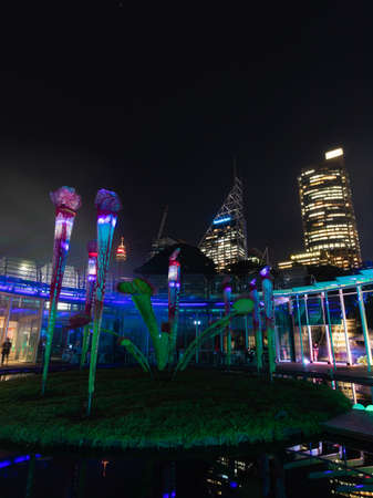 Sydney, Australia - April 12, 2019: Sydney CBD skyline view from inside The Calyx at night.のeditorial素材