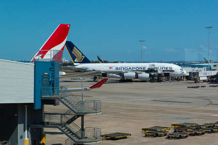 Sydney, Australia - September 28, 2019: Singapore Airlines Airbus A380 at Sydney International Airport tarmac.のeditorial素材