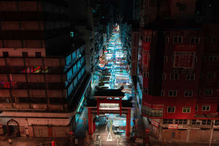 Hong Kong - October 3, 2019: Aerial night view of Temple Street market.のeditorial素材