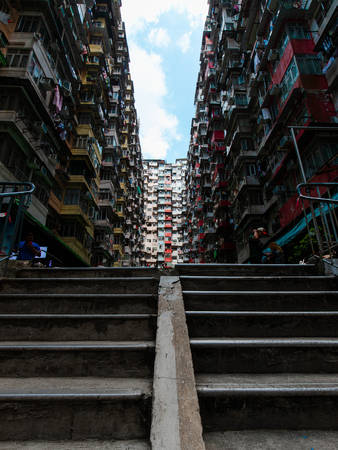 Hong Kong - October 4, 2019: Stair to go up into the Monster Building, Quarry Bay.のeditorial素材