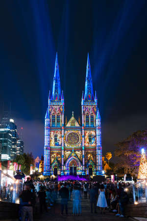 Sydney, Australia - December 22, 2019: St Mary Cathedral light up for Christmas. Blue pattern projection.のeditorial素材