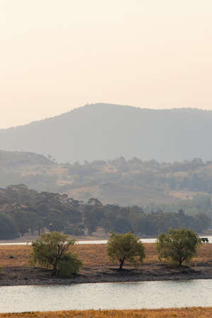 Trees and layer of mountain at Jindabyne, NSW, Australia.の写真素材