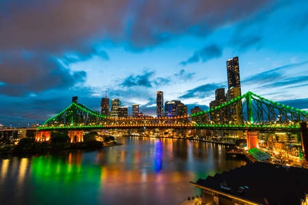 Brisbane, Australia - January 26, 2020: Cloudy blue hour view of Story Bridge and Brisbane skyline.のeditorial素材