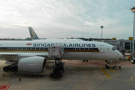 Singapore - February 8, 2020: Front section of Singapore Airlines Airbus A350.