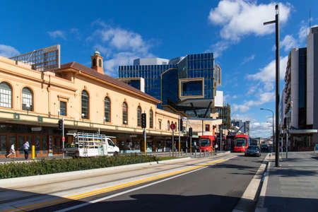 Newcastle, Australia - July 29, 2020: View of trams at Hunter St during the day.のeditorial素材