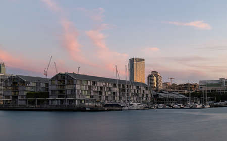 Sydney, Australia - September 12, 2020: Dusk view of Pyrmont Wharf with colorful sky.