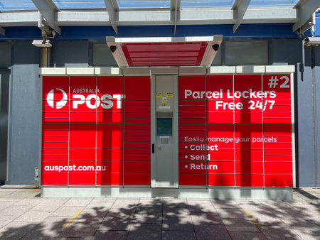 Sydney, Australia - January 10, 2021: Australia Post parcel locker, a drop off or collection point for parcel.のeditorial素材