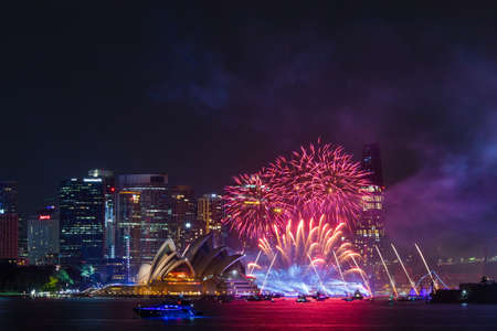 Sydney, Australia - January 26, 2021: Red colorful fireworks at Australia Day.のeditorial素材