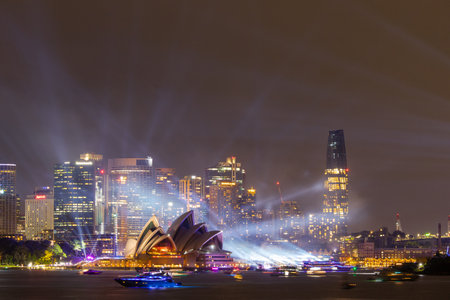 Sydney, Australia - January 26, 2021: Sydney skyline light up at Australia Day celebration.のeditorial素材