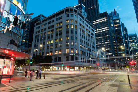 Sydney, Australia - February 4, 2021: Night view of George Street and Market Street intersection.のeditorial素材