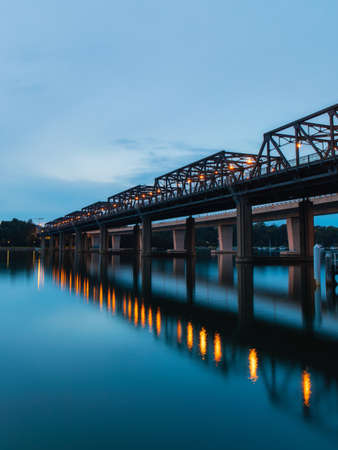 Iron Cove Bridge and its reflection at dawn.の写真素材