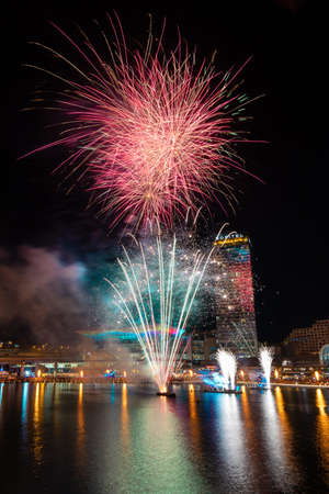 Sydney, Australia - June 11, 2021: Fireworks at Darling Harbour for Sydney Solstice Festival.のeditorial素材