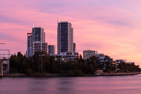 Sunset view over Rhodes building skyline, Sydney, Australia.の写真素材