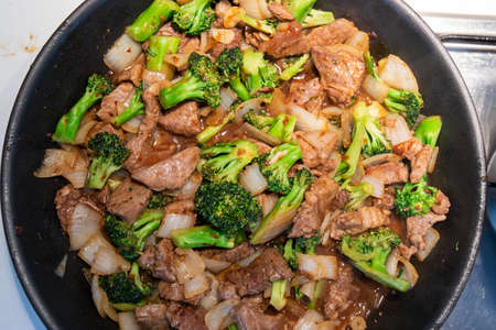 Close-up view of spicy beef and broccoli stir fry.の写真素材